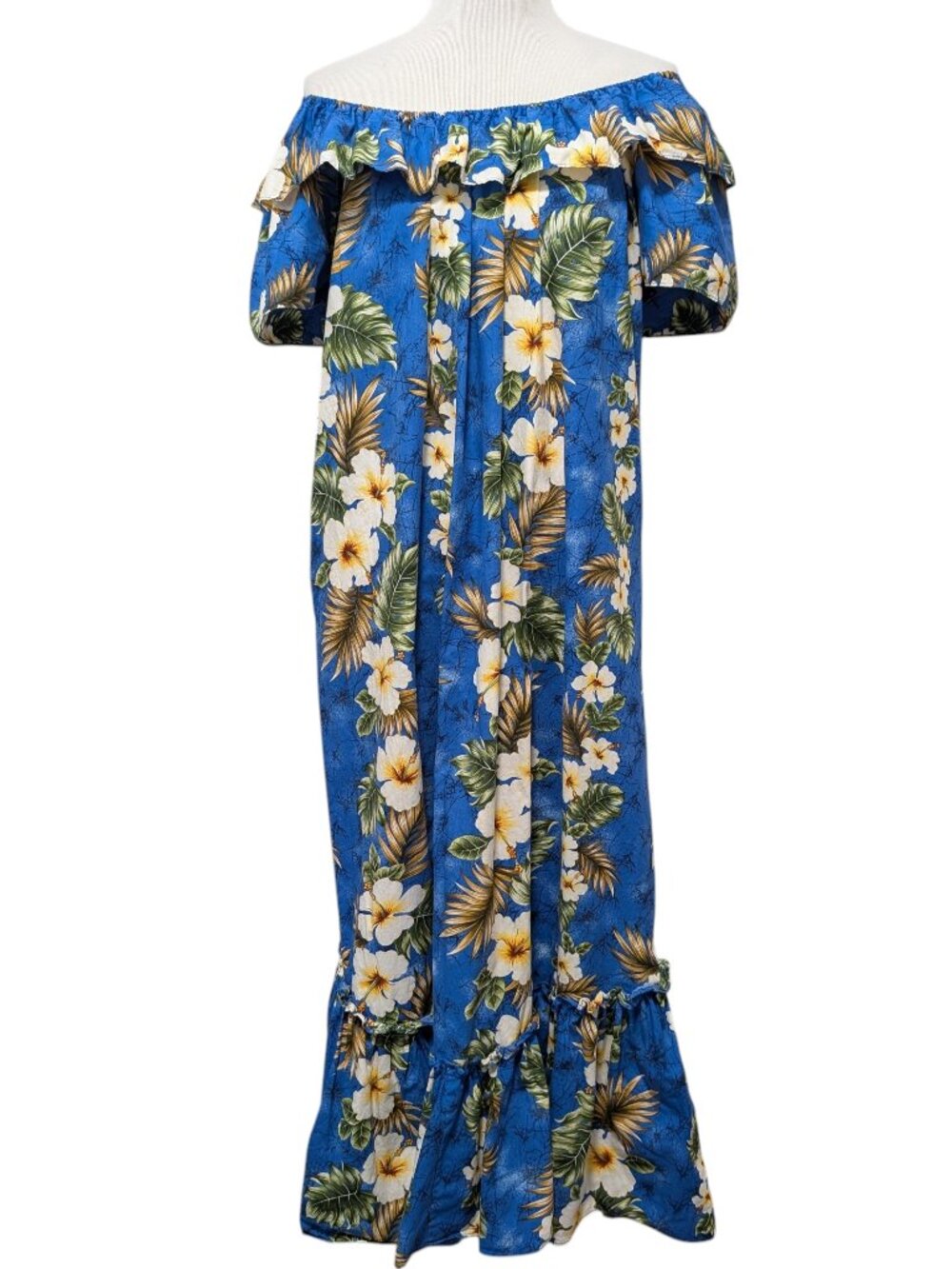 Ky's Hawaii Womens Sz L Blue Tropical Hibiscus Ruffle Off Shoulder Muumuu Dress